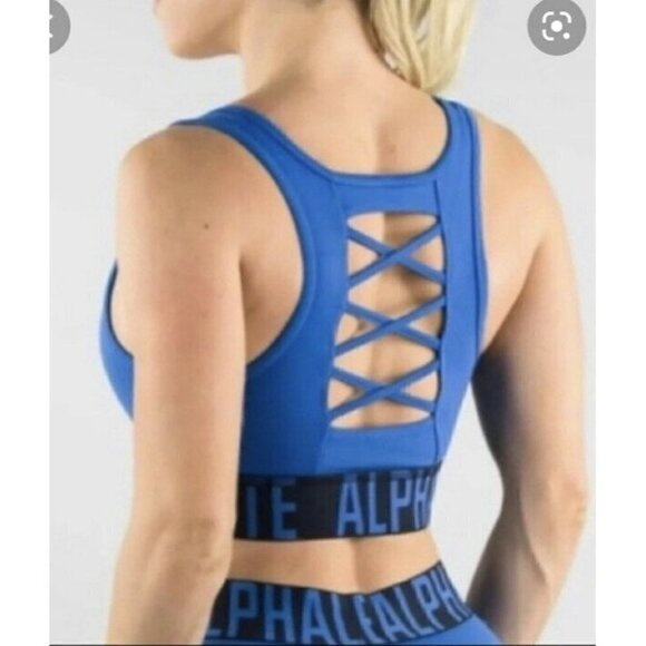 ALPHALETE Royal Blue Criss Cross Sports Bra Size S Spell Out Logo - Picture 2 of 7